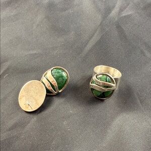 Desert Rose Trading. 925 Sterling Silver Ring and Ear Rings Green Stone.